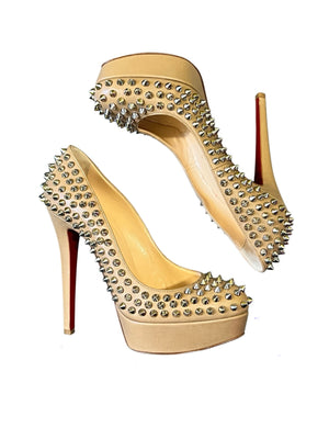 Christian Louboutin Lady Peep Spikes 150 Platform Pumps – Nude Leather – Size EU 36