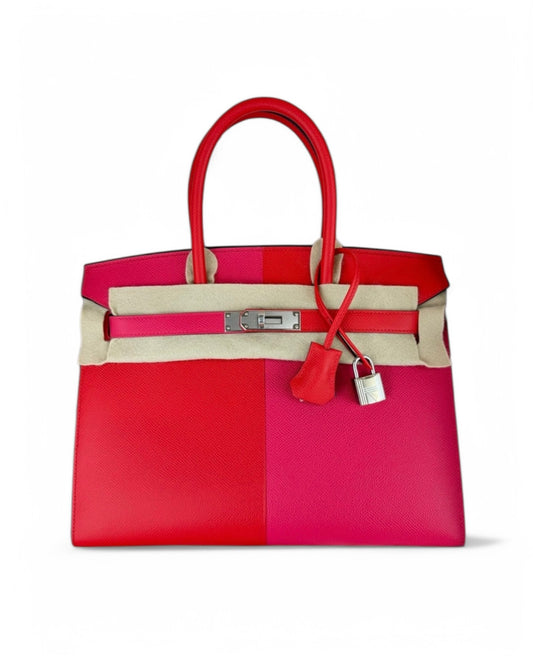 Pre-owned Hermès Birkin 30 Casaque Rouge Coeur, Rose Extrême & Blue Zanzibar – Store Fresh, Full Set - The Luxury Savvy