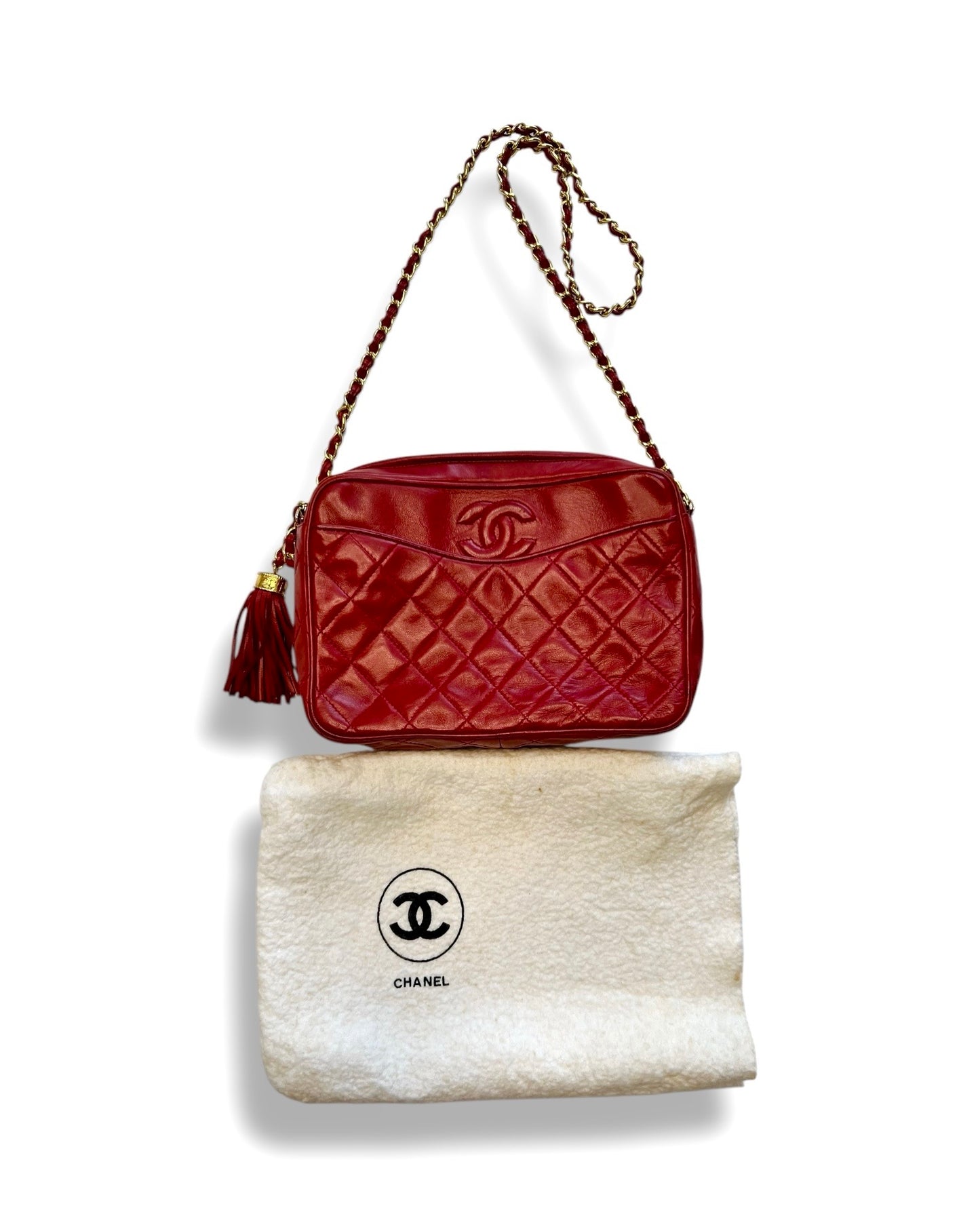 CHANEL Vintage “Camera” Bag with Fringe - Red
