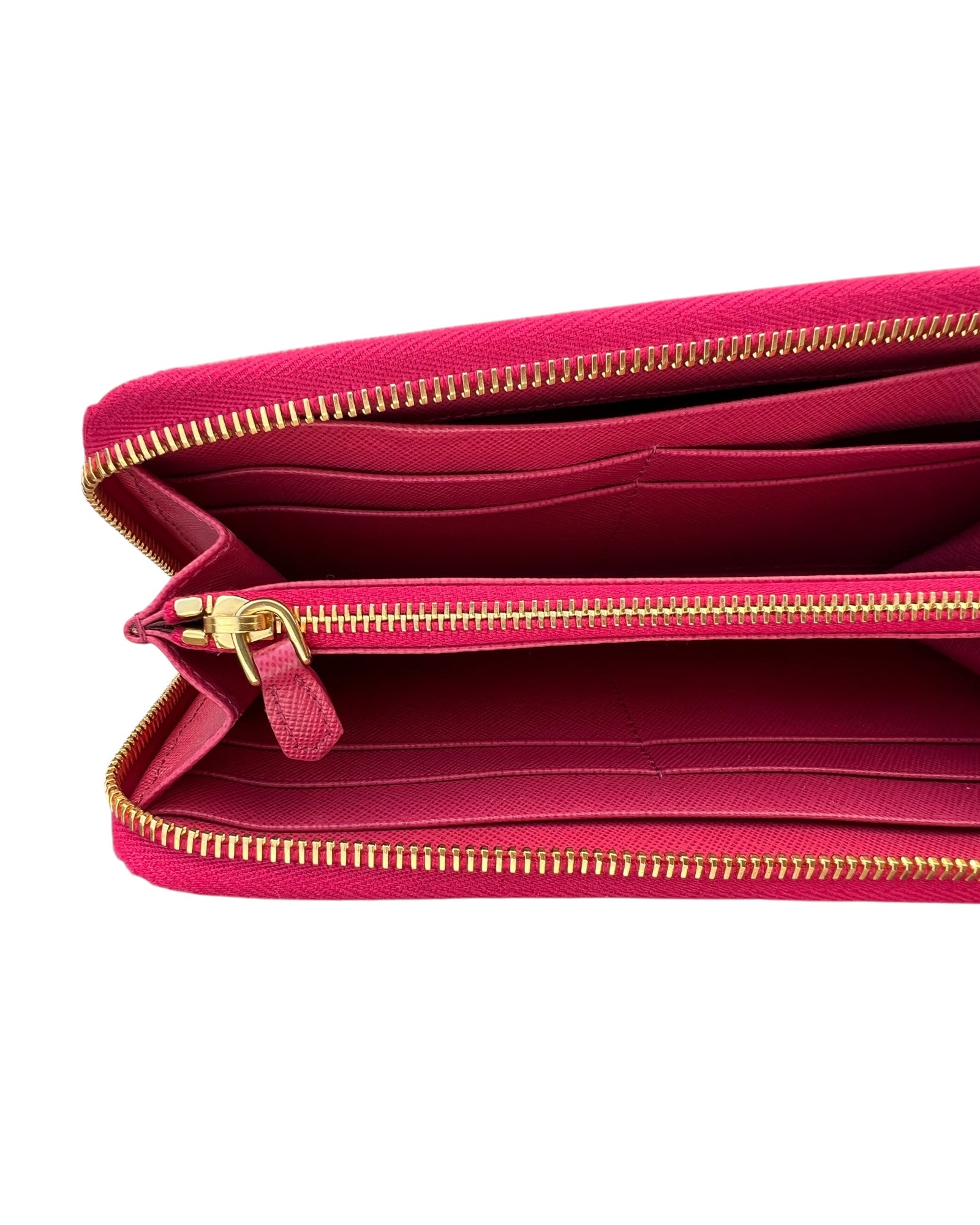 Prada Pink Saffiano Leather Zip-Around Wallet with Gold Hardware – Excellent Condition - The Luxury Savvy