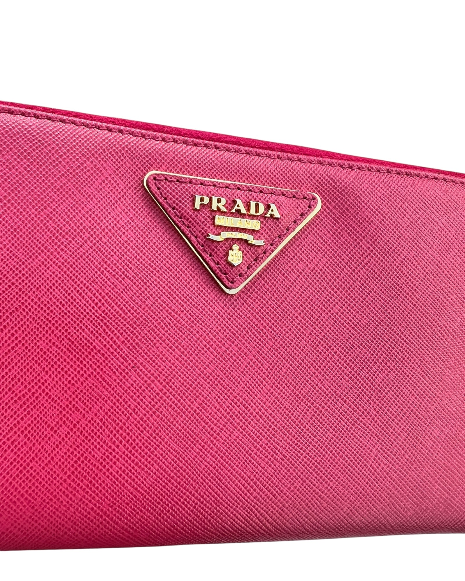 Prada Pink Saffiano Leather Zip-Around Wallet with Gold Hardware – Excellent Condition - The Luxury Savvy