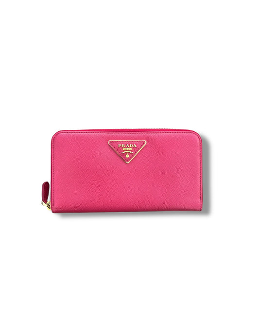 Prada Pink Saffiano Leather Zip-Around Wallet with Gold Hardware – Excellent Condition