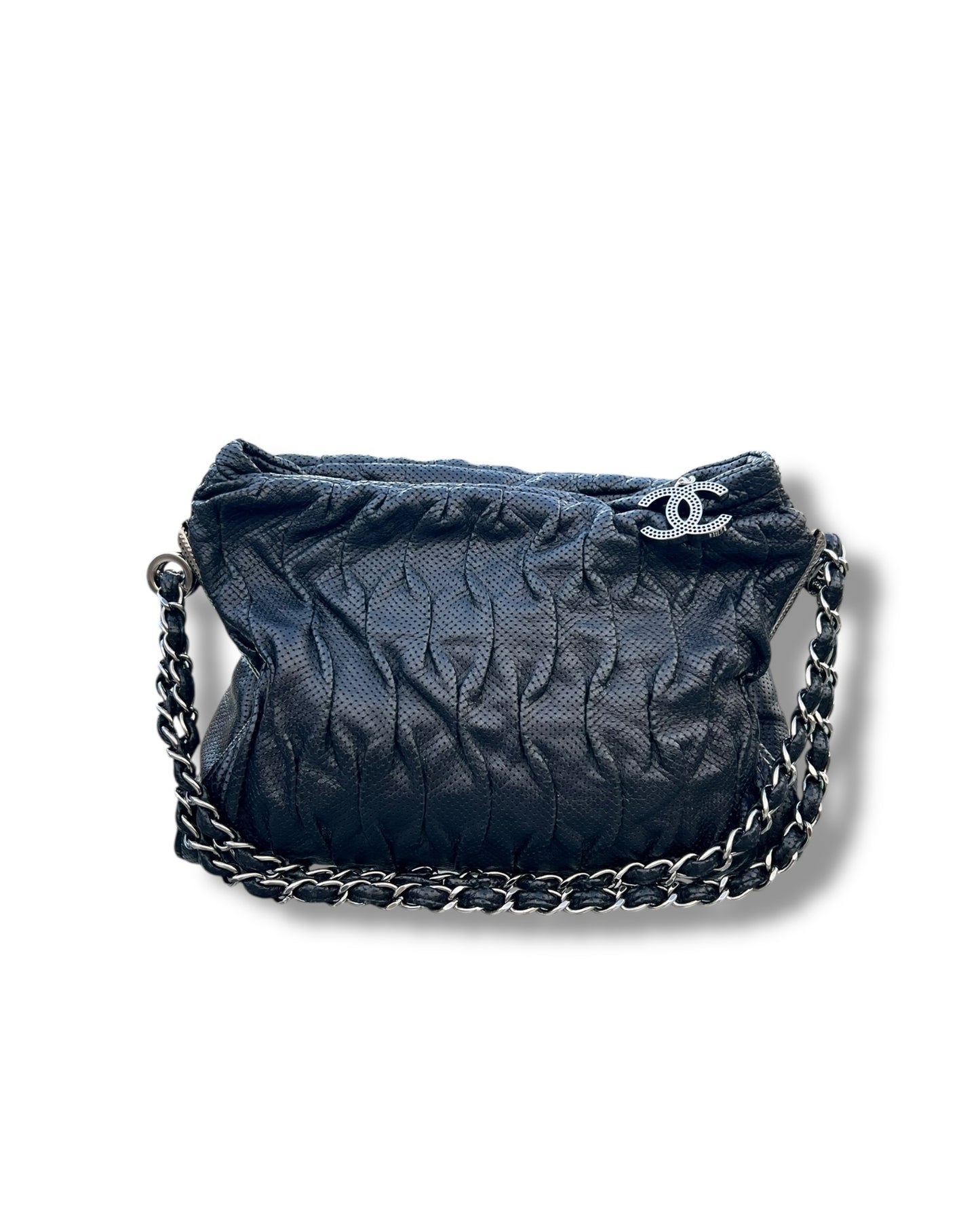 Chanel Black Pleated Leather Tote Bag with Silver Hardware – Excellent Condition