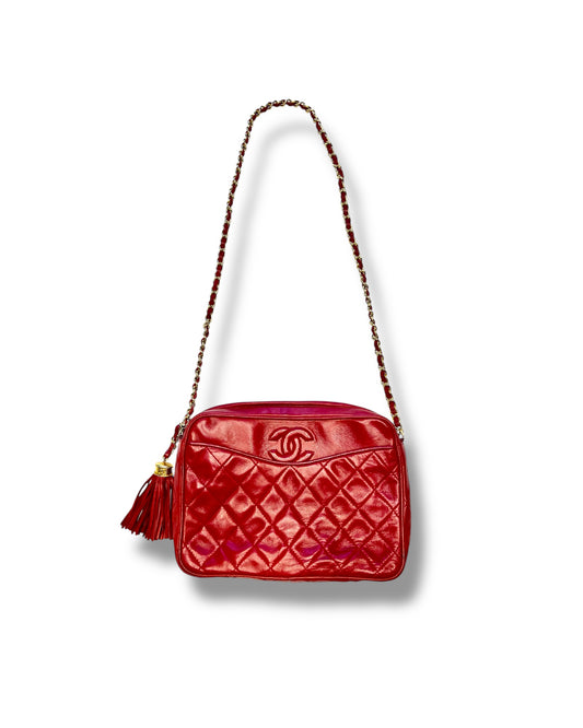 CHANEL Vintage “Camera” Bag with Fringe - Red