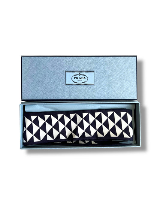 Prada Silk Twill Triangle Logo Scarf – White/Navy