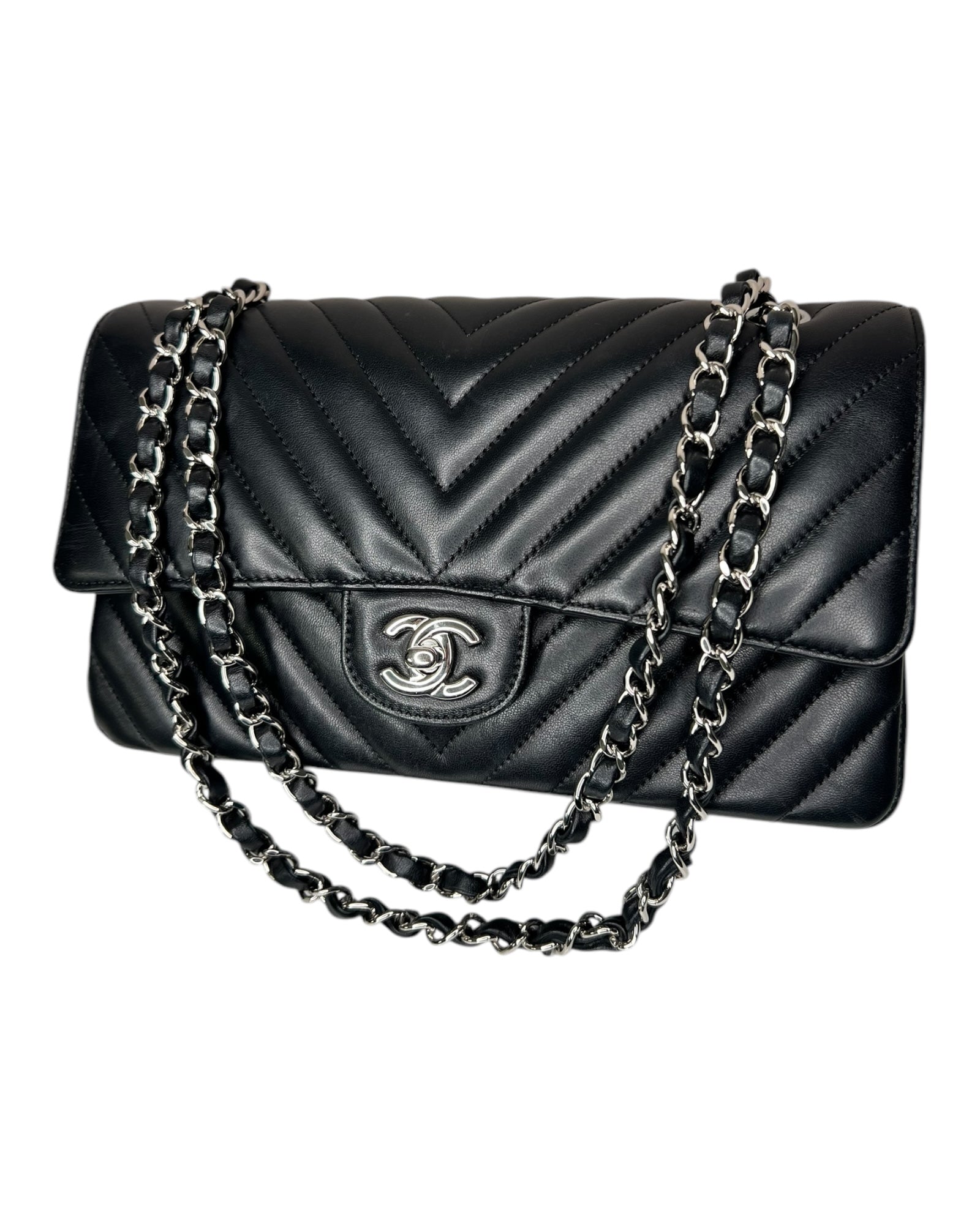 Chanel Chevron Flap Bag Medium -  Black with Silver - The Luxury Savvy