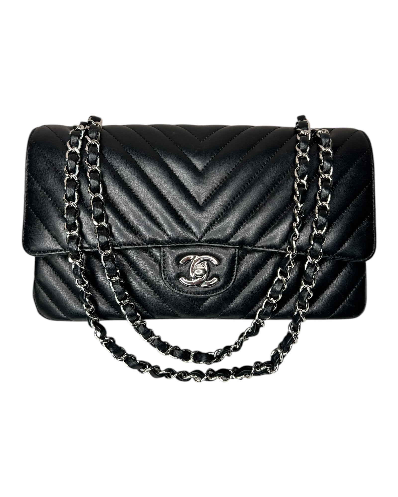 Chanel Chevron Flap Bag Medium -  Black with Silver - The Luxury Savvy