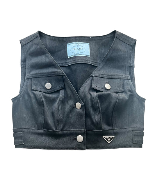Prada Logo Cropped Denim Vest