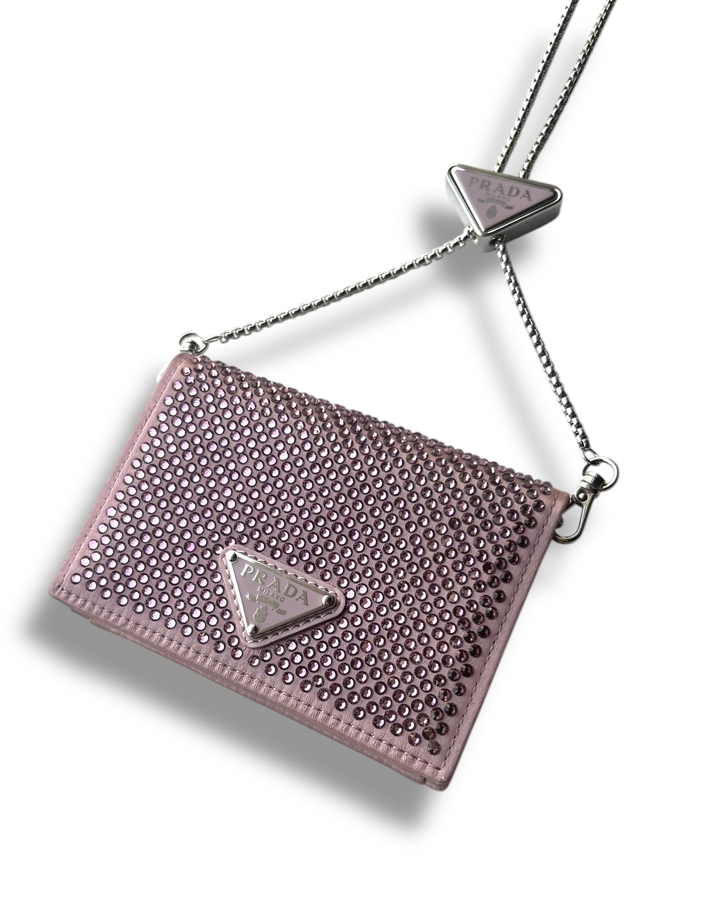 Prada Crystal Flap Card Holder with Chain – Pink