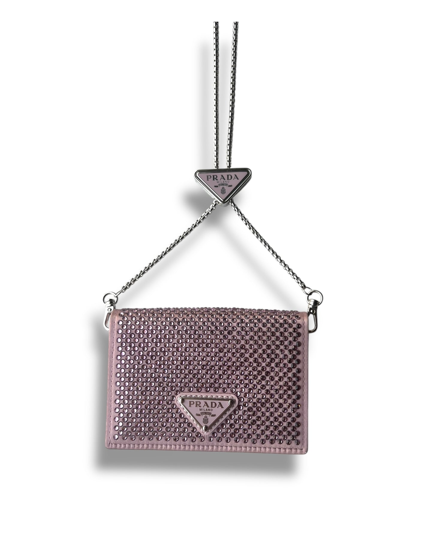 Prada Crystal Flap Card Holder with Chain – Pink