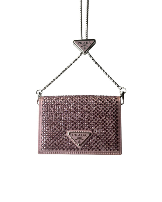 Prada Crystal Flap Card Holder with Chain – Pink