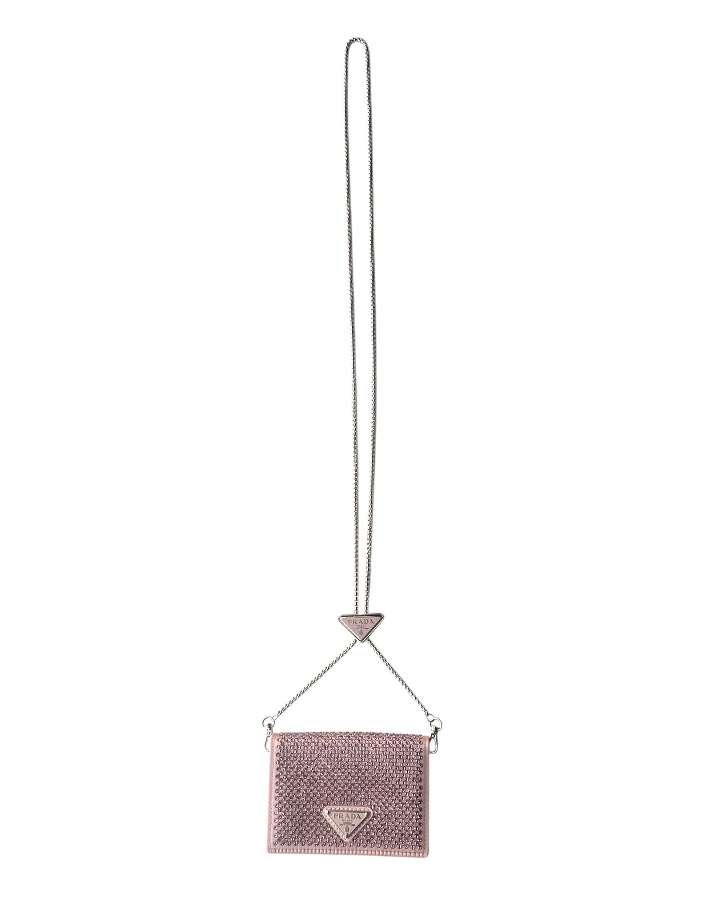Prada Crystal Flap Card Holder with Chain – Pink