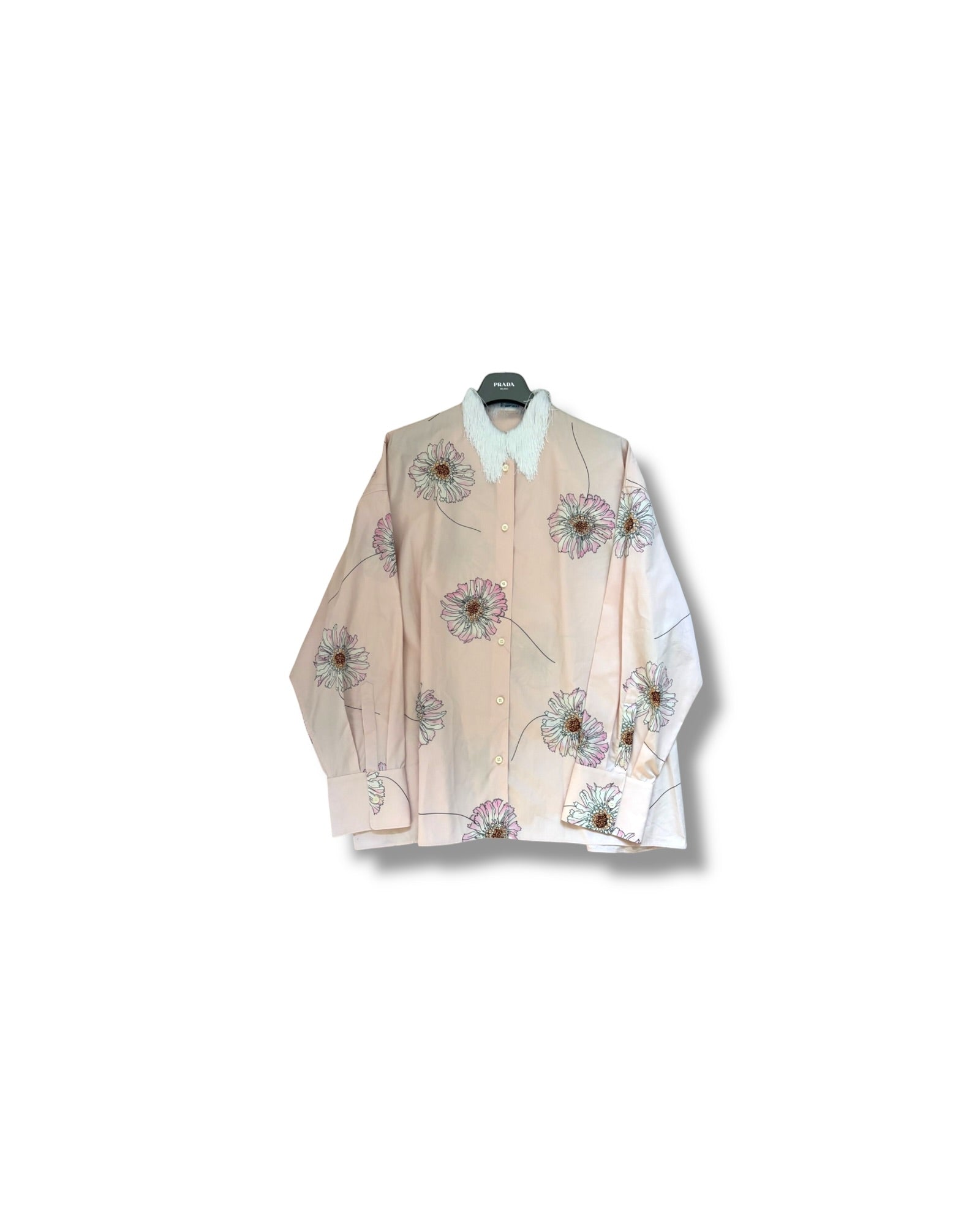 Prada Floral Cotton Shirt with Feather Collar – Size 40 - The Luxury Savvy