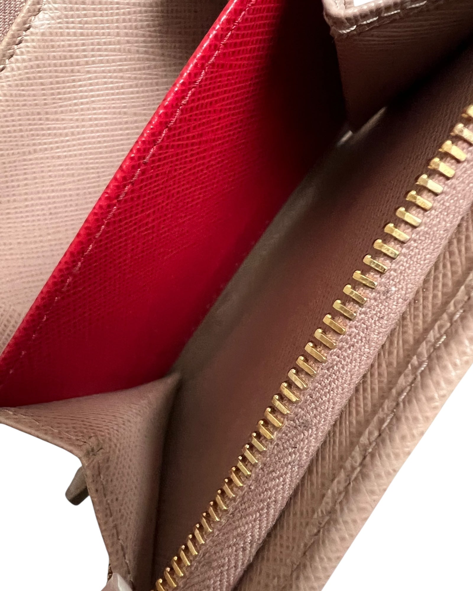 Prada Saffiano Leather Compact Wallet – Beige & Red - The Luxury Savvy