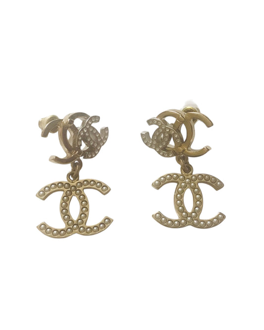 CHANEL CC Logo Pearls & Crystals Drop Earrings