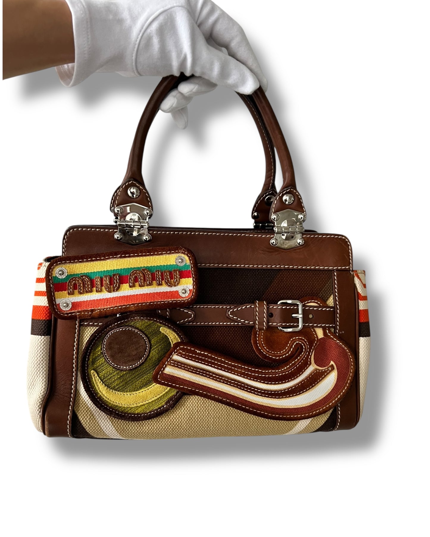 Miu Miu Multicolor Canvas and Leather Patchwork Tote – Very Good Condition