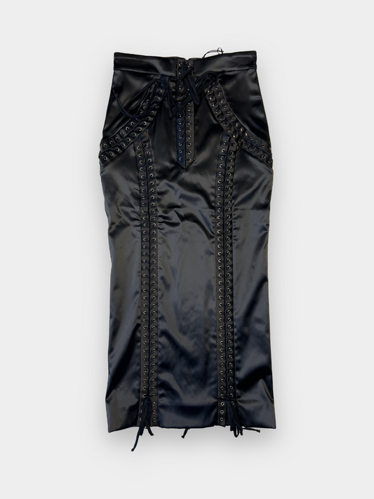 DOLCE & GABBANA BLACK SATIN LACE-UP SKIRT MIDI/MAXI - The Luxury Savvy