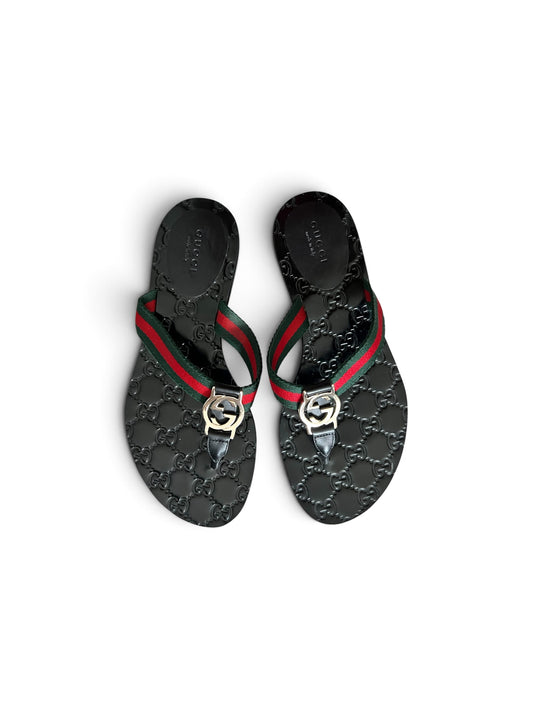 Gucci Interlocking G Web Thong Sandals – Black Rubber – Size 36½