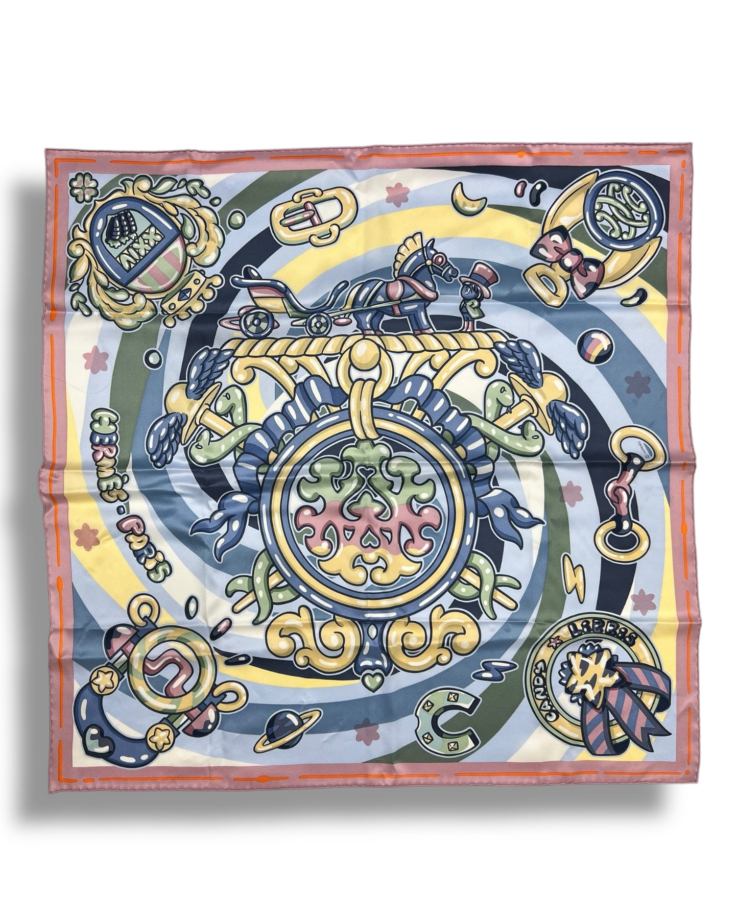 Hermès Silk Carré 70 “Candy Libris” – Pink / Bleu Ciel / Sable / Vieux Rose