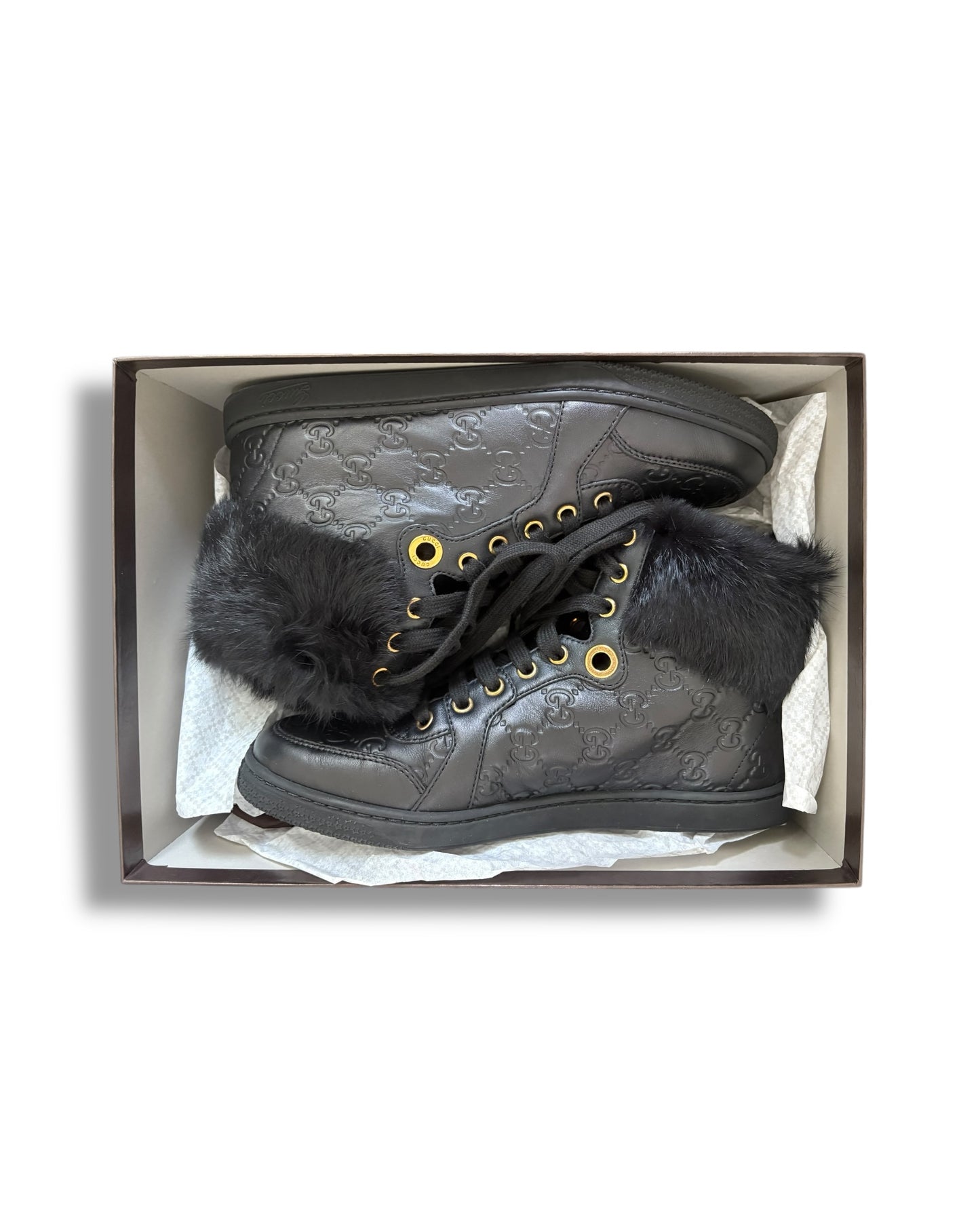 Gucci Black Leather Fur-Trimmed High-Top Sneakers – Size 38