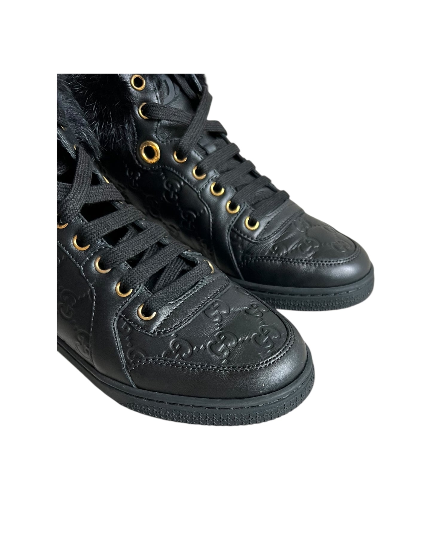 Gucci Black Leather Fur-Trimmed High-Top Sneakers – Size 38