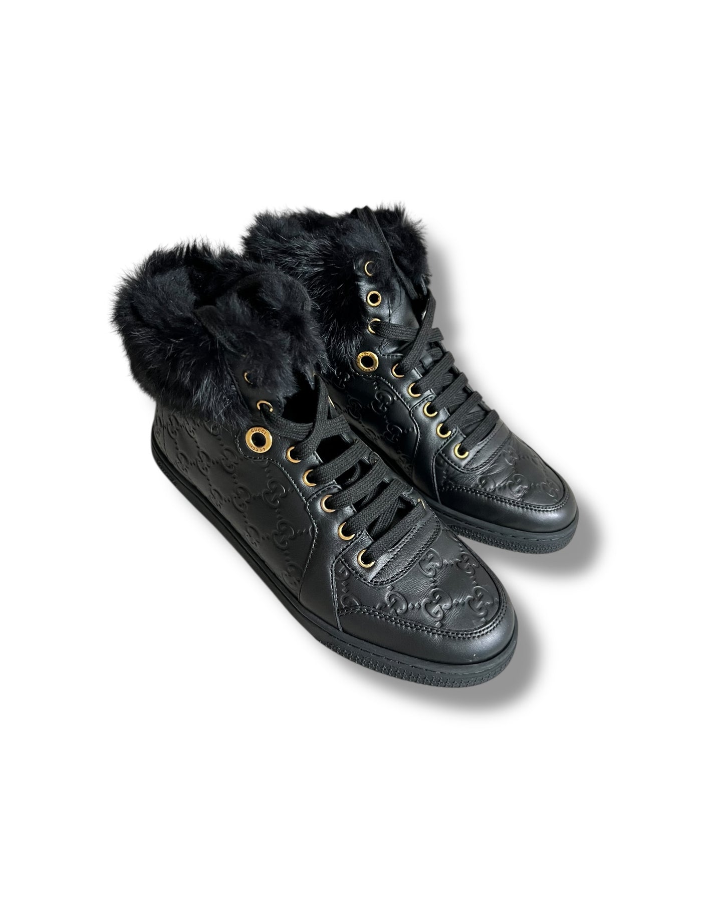 Gucci Black Leather Fur-Trimmed High-Top Sneakers – Size 38