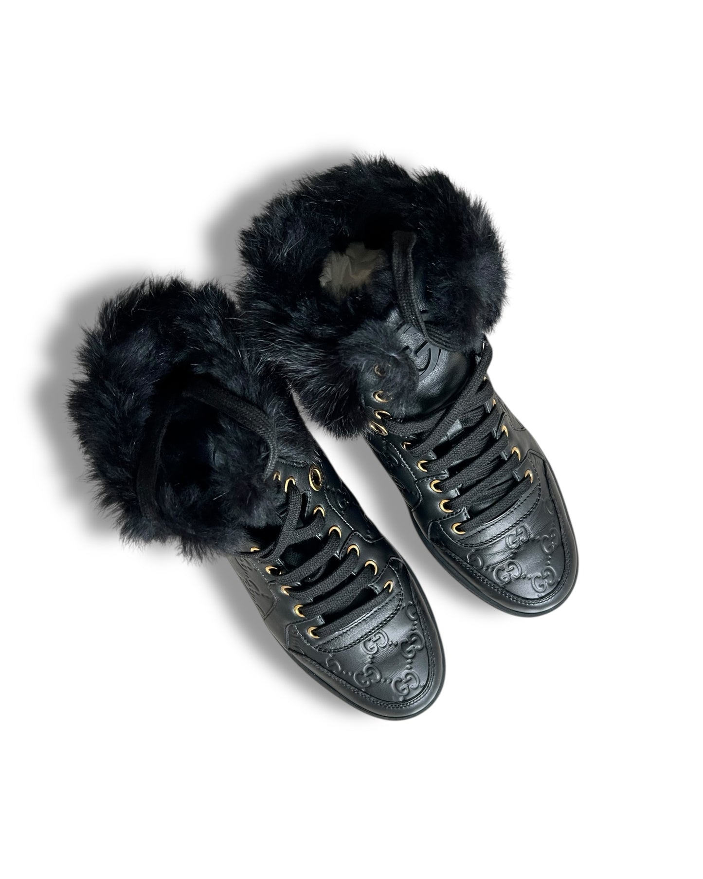 Gucci Black Leather Fur-Trimmed High-Top Sneakers – Size 38