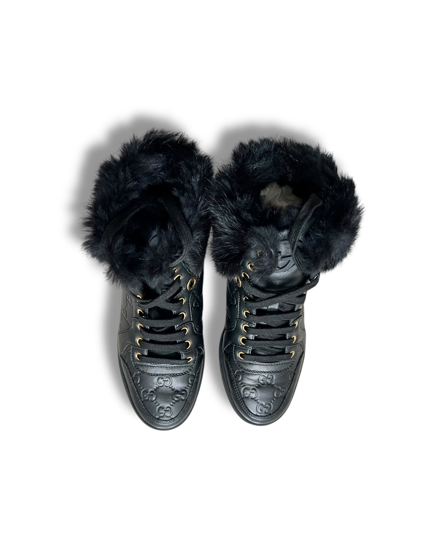 Gucci Black Leather Fur-Trimmed High-Top Sneakers – Size 38