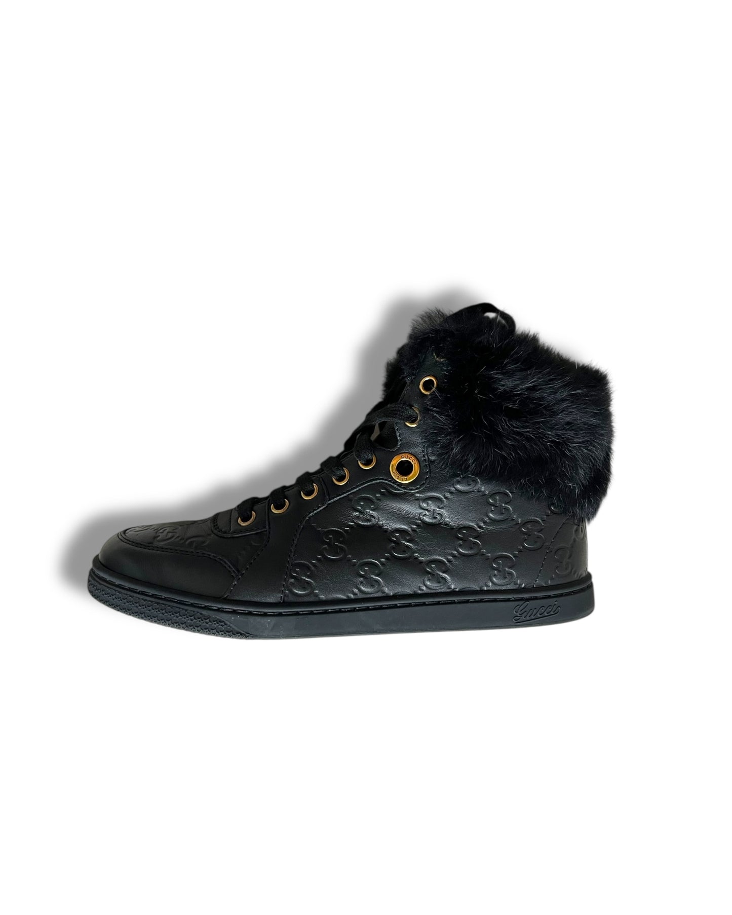 Gucci Black Leather Fur-Trimmed High-Top Sneakers – Size 38