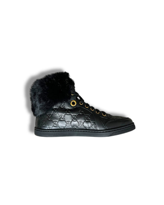 Gucci Black Leather Fur-Trimmed High-Top Sneakers – Size 38