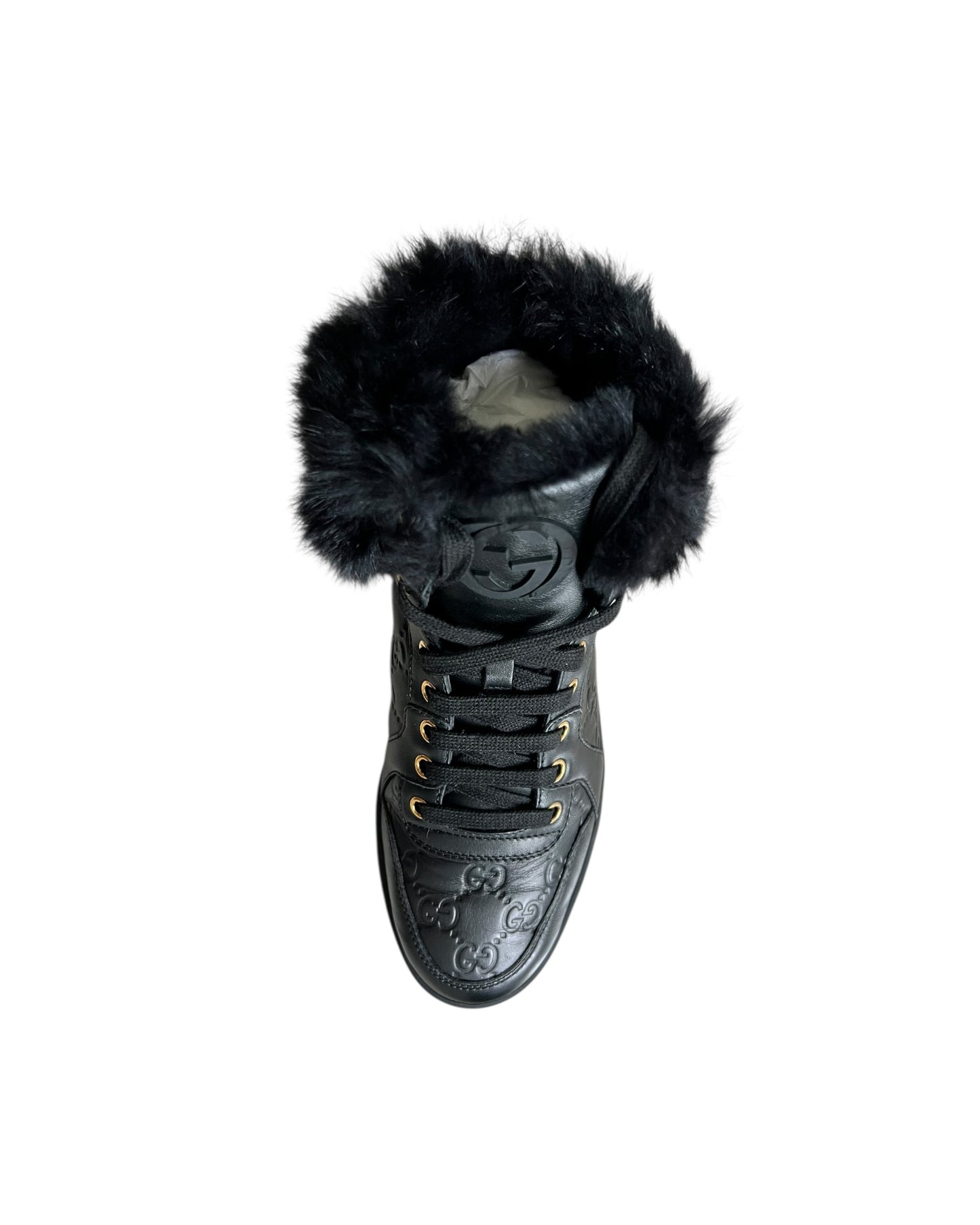 Gucci Black Leather Fur-Trimmed High-Top Sneakers – Size 38