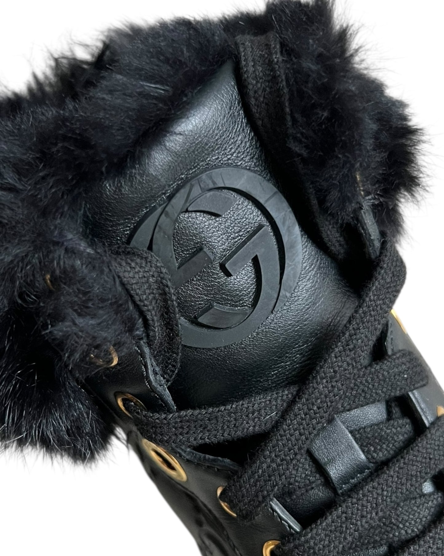 Gucci Black Leather Fur-Trimmed High-Top Sneakers – Size 38